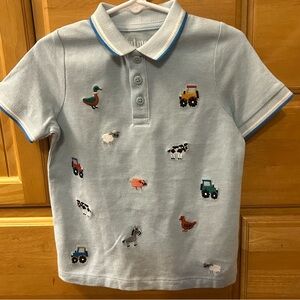Nutmeg Boys Blue Pique Cotton Polo Shirt w/Farm Animals Embroidery Size 2-3 Year